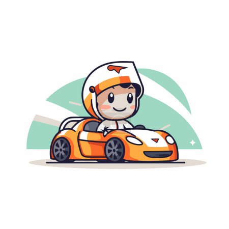Téléchargez les illustrations : Joli petit garçon conduisant une voiture de course. Illustration vectorielle de dessin animé. - en licence libre de droit