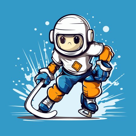 Astronauta en traje espacial con palo de hockey sobre hielo. Ilustración vectorial.