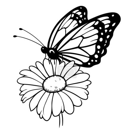 Ilustración de Mariposa y flor. Ilustración vectorial en blanco y negro aislada sobre fondo blanco. - Imagen libre de derechos
