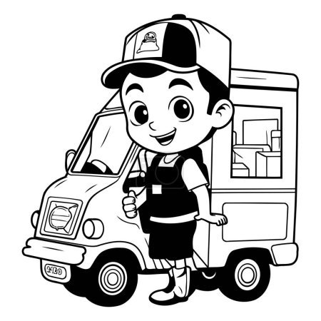 Téléchargez les illustrations : Dessin animé noir et blanc illustrant un livreur avec un camion - en licence libre de droit