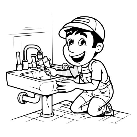 Illustration for Plumber - Black and White Cartoon Illustration of a Plumber Repairing a Sink - Royalty Free Image