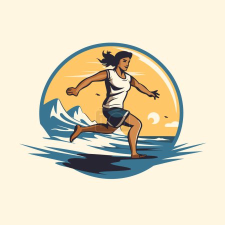 Téléchargez les illustrations : Femme courant sur la plage. Illustration vectorielle dans un style rétro. - en licence libre de droit