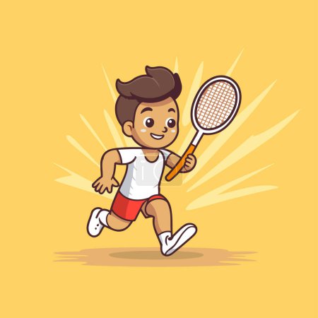Téléchargez les illustrations : Joli petit garçon jouant au tennis. Illustration de personnages de dessin animé vectoriel. - en licence libre de droit
