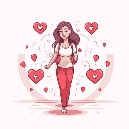 Illustration for Vector illustration of a beautiful woman in sportswear with hearts around her. - Royalty Free Image