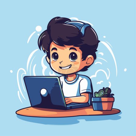 Téléchargez les illustrations : Mignon petit garçon utilisant un ordinateur portable à la maison. Illustration vectorielle dans le style dessin animé. - en licence libre de droit