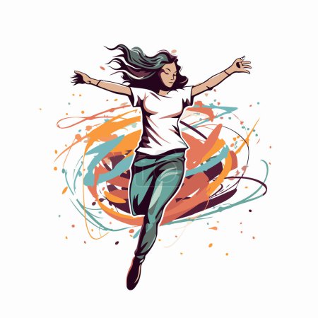 Téléchargez les illustrations : Illustration d'une jeune fille sautant dans les airs avec un fond abstrait - en licence libre de droit