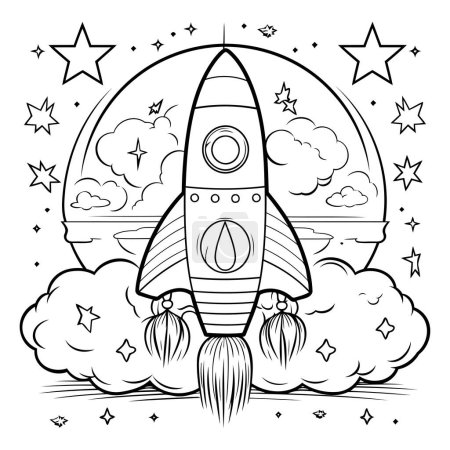 Téléchargez les illustrations : Livre à colorier pour enfants : fusée avec nuages et étoiles. illustration vectorielle - en licence libre de droit
