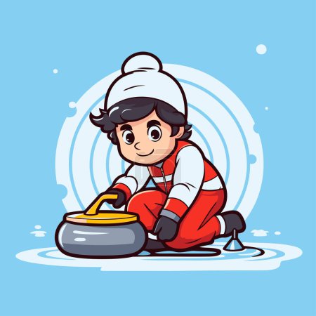 Illustration for Cartoon little boy playing ice hockey. Winter sport. Vector illustration - Royalty Free Image