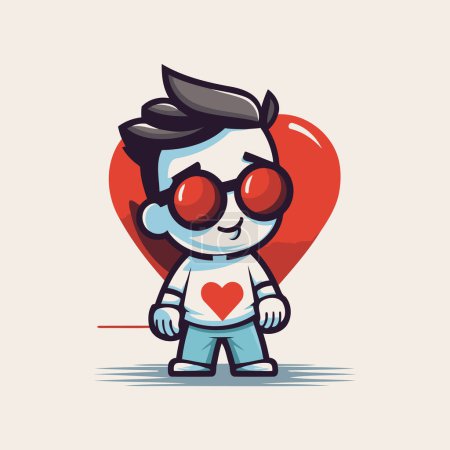 Téléchargez les illustrations : Illustration vectorielle d'un garçon avec des lunettes en forme de cœur. Cartoon style. - en licence libre de droit