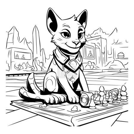 Téléchargez les illustrations : Dessin animé noir et blanc illustrant un chat mignon jouant aux échecs dans la rue - en licence libre de droit