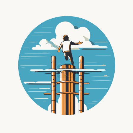 Illustration for Businessman jumping over the bridge. Vector illustration in retro style. - Royalty Free Image