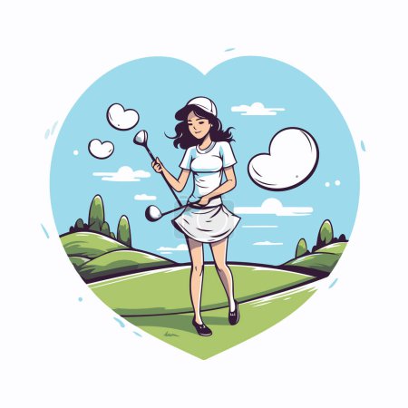 Golfspielerin Mädchen mit Schläger und Ball in Herzform Vektor Illustration Grafik-Design