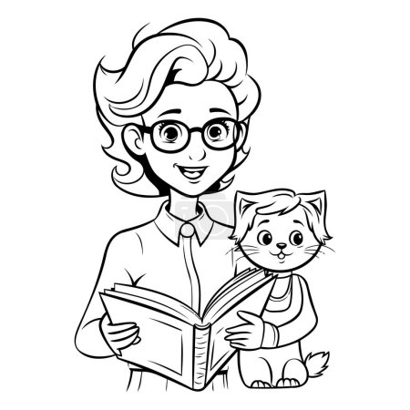 Téléchargez les illustrations : Femme âgée lisant un livre avec son chat. illustration vectorielle noir et blanc - en licence libre de droit