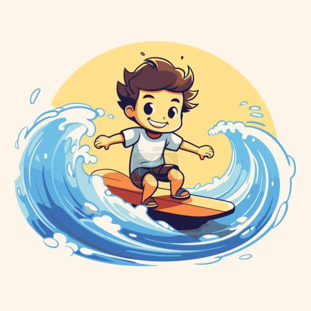 Illustration for Boy surfing in the waves. Vector illustration of a cartoon character. - Royalty Free Image