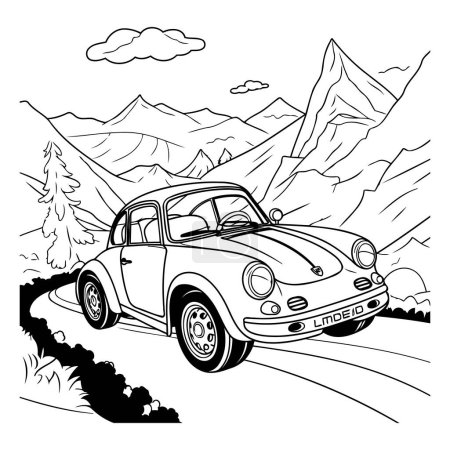 Illustration for Illustration of a vintage car in the mountains on a white background - Royalty Free Image