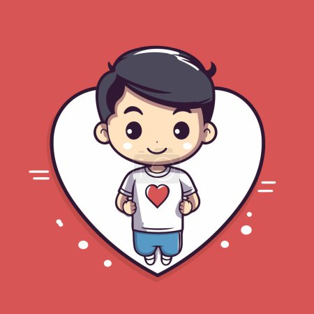 Illustration for Cute boy with heart on red background. Vector cartoon illustration. - Royalty Free Image