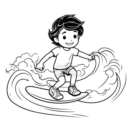 Illustration for Black and White Cartoon Illustration of Little Boy Surfing on Water - Royalty Free Image