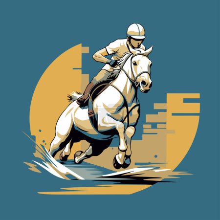 Téléchargez les illustrations : Jockey sur le cheval sautant par-dessus la ville. Illustration vectorielle. - en licence libre de droit