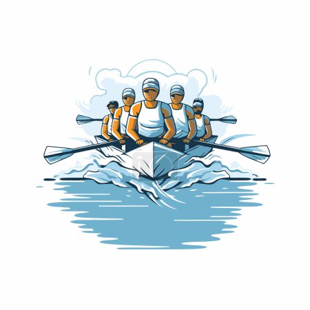 Team of men rowing in a rowboat. Vector illustration.