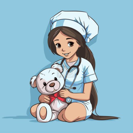 Téléchargez les illustrations : Illustration vectorielle d'une jolie petite fille jouant au docteur avec un ours en peluche - en licence libre de droit