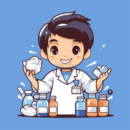 Téléchargez les illustrations : Mignon petit garçon pharmacien tenant des bouteilles de médicaments. Illustration vectorielle. - en licence libre de droit