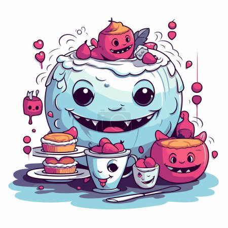 Téléchargez les illustrations : Mignon dessin animé vectoriel illustration d'une fête d'Halloween avec une tasse de café. gâteau et bonbons - en licence libre de droit