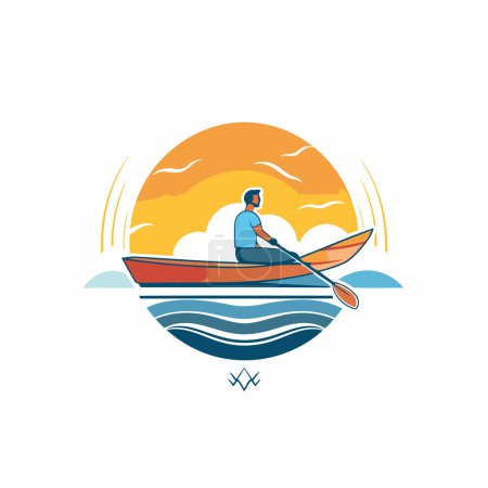 Téléchargez les illustrations : Pêcheur dans un bateau sur la mer. Illustration vectorielle. - en licence libre de droit