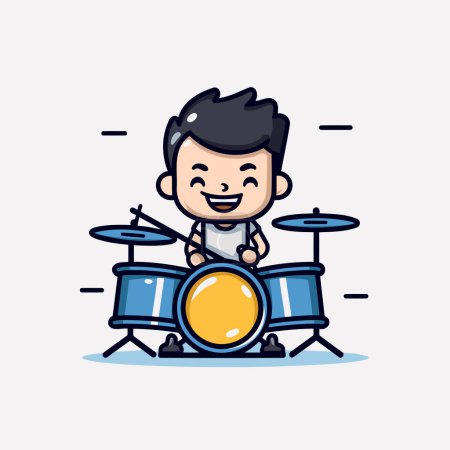 Illustration for Cute Boy Drummer Cartoon Mascot Character Vector Illustration - Royalty Free Image