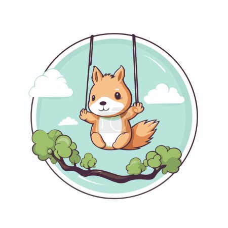 Illustration for Cute cartoon squirrel swinging on a swing in the park. Vector illustration. - Royalty Free Image