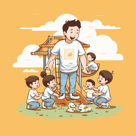 Illustration for Happy family playing in park. Father and his children. Vector illustration. - Royalty Free Image