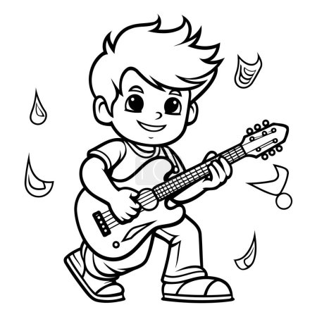 Illustration for Black and White Cartoon Illustration of Cute Little Boy Playing Electric Guitar for Coloring Book - Royalty Free Image