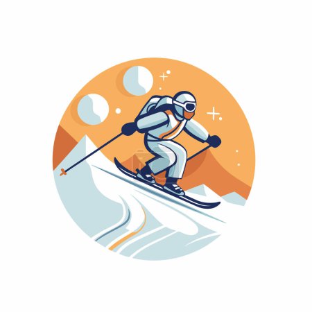 Téléchargez les illustrations : Icône vectorielle de ski. Skieur en casque ski alpin sur piste - en licence libre de droit