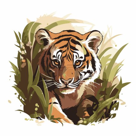 Illustration for Tiger in the grass. Vector illustration of a wild animal. - Royalty Free Image