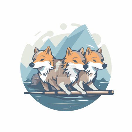 Téléchargez les illustrations : Trois renards sur une bûche en bois dans les montagnes. Illustration vectorielle - en licence libre de droit