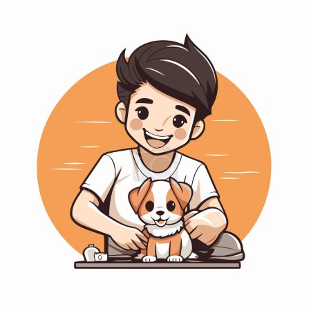 Ilustración de Chico jugando con un cachorro. Ilustración vectorial en un estilo plano. - Imagen libre de derechos