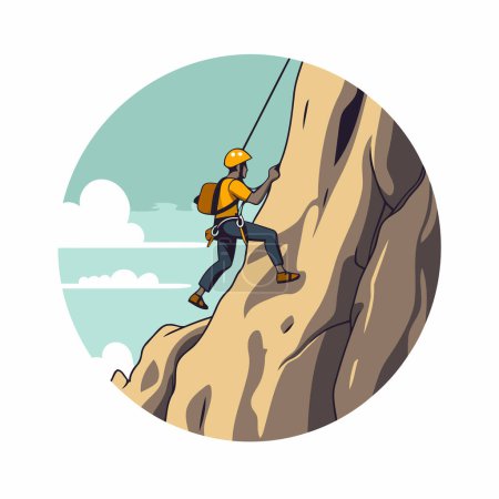Téléchargez les illustrations : Homme grimpant une falaise. Illustration vectorielle dans le style dessin animé. - en licence libre de droit