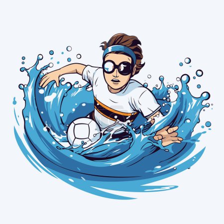 Illustration for Illustration of a boy playing soccer on the waves. Vector illustration. - Royalty Free Image