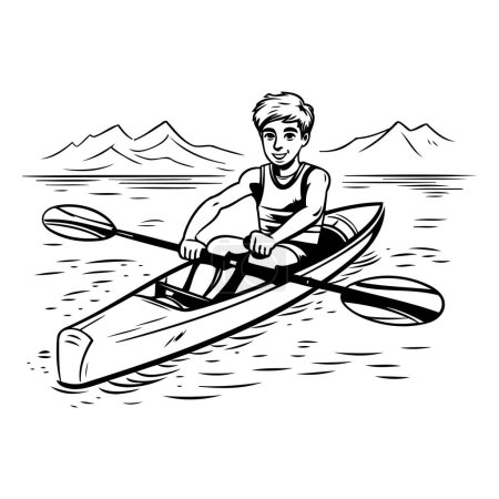 Illustration for Man rowing on a kayak. Vector black and white illustration. - Royalty Free Image