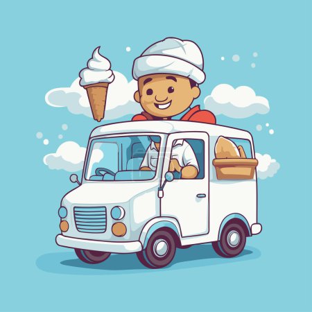 Téléchargez les illustrations : Chef dessin animé mignon avec camion de crème glacée. Illustration vectorielle dans le style dessin animé. - en licence libre de droit