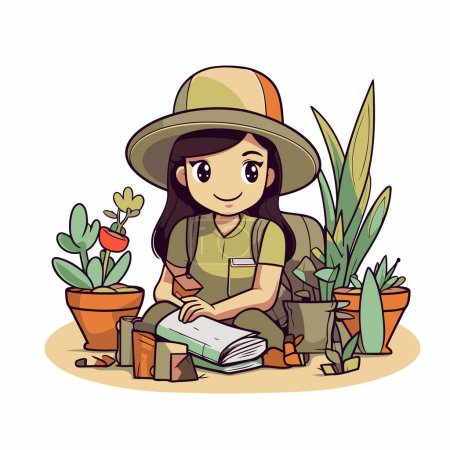 Téléchargez les illustrations : Fille jardinier dans un chapeau avec un livre dans ses mains. - en licence libre de droit