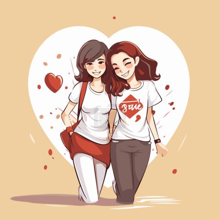 Ilustración de Dos jóvenes y hermosas mujeres enamoradas. Día de San Valentín. Ilustración vectorial - Imagen libre de derechos