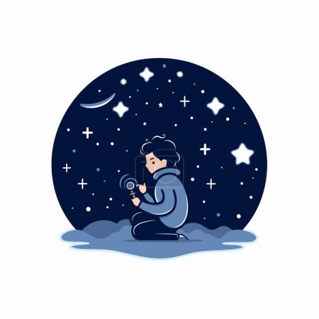Ilustración de Ilustración vectorial de un niño leyendo un libro en el cielo nocturno. - Imagen libre de derechos