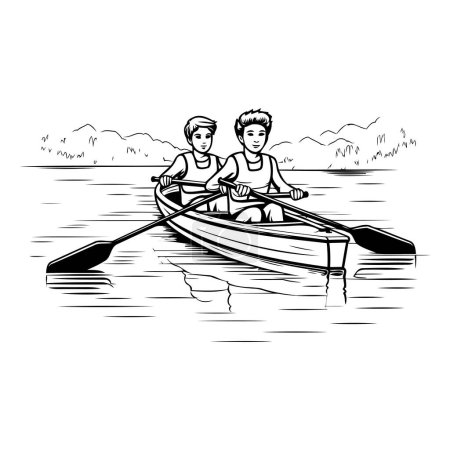 Téléchargez les illustrations : Deux hommes ramant sur le lac. Illustration vectorielle noir et blanc. - en licence libre de droit