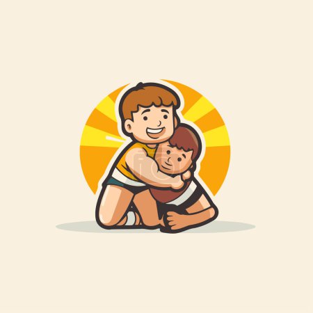 Téléchargez les illustrations : Père avec son fils à genoux. Illustration vectorielle dans le style dessin animé. - en licence libre de droit