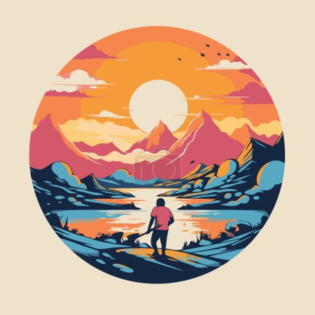 Téléchargez les illustrations : Paysage estival avec montagnes. rivière et coucher de soleil. Illustration vectorielle dans un style rétro. - en licence libre de droit