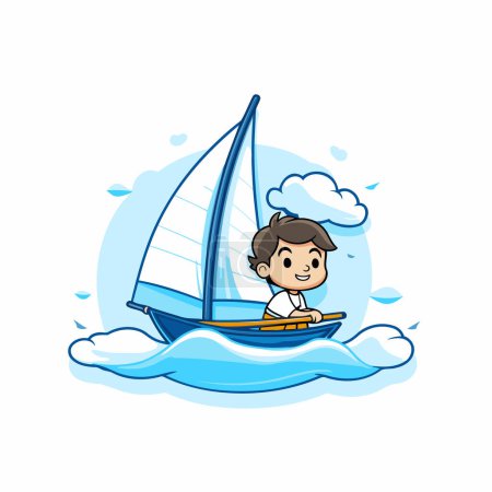 Téléchargez les illustrations : Joli petit garçon dans un voilier sur la mer. Illustration vectorielle. - en licence libre de droit
