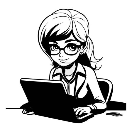 Téléchargez les illustrations : Jeune femme d'affaires travaillant avec un ordinateur portable. Illustration vectorielle noir et blanc. - en licence libre de droit