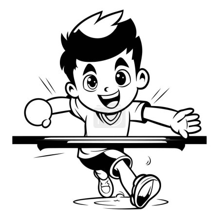 Téléchargez les illustrations : Garçon jouant au tennis de table Illustration de dessin animé noir et blanc. Vecteur - en licence libre de droit