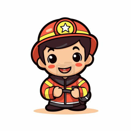 Téléchargez les illustrations : Pompier - Illustration vectorielle de personnage de mascotte de dessin animé mignon - en licence libre de droit