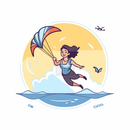 Ilustración de Cometa surfista chica saltando con kiteboard. Ilustración vectorial - Imagen libre de derechos